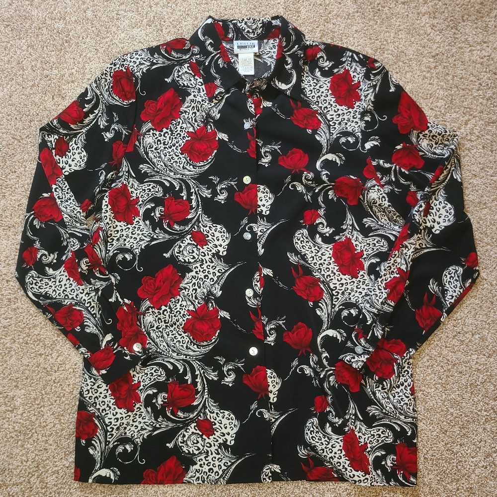 Vintage Leslie Fay Blouse Button Down Leopard Cheetah Roses